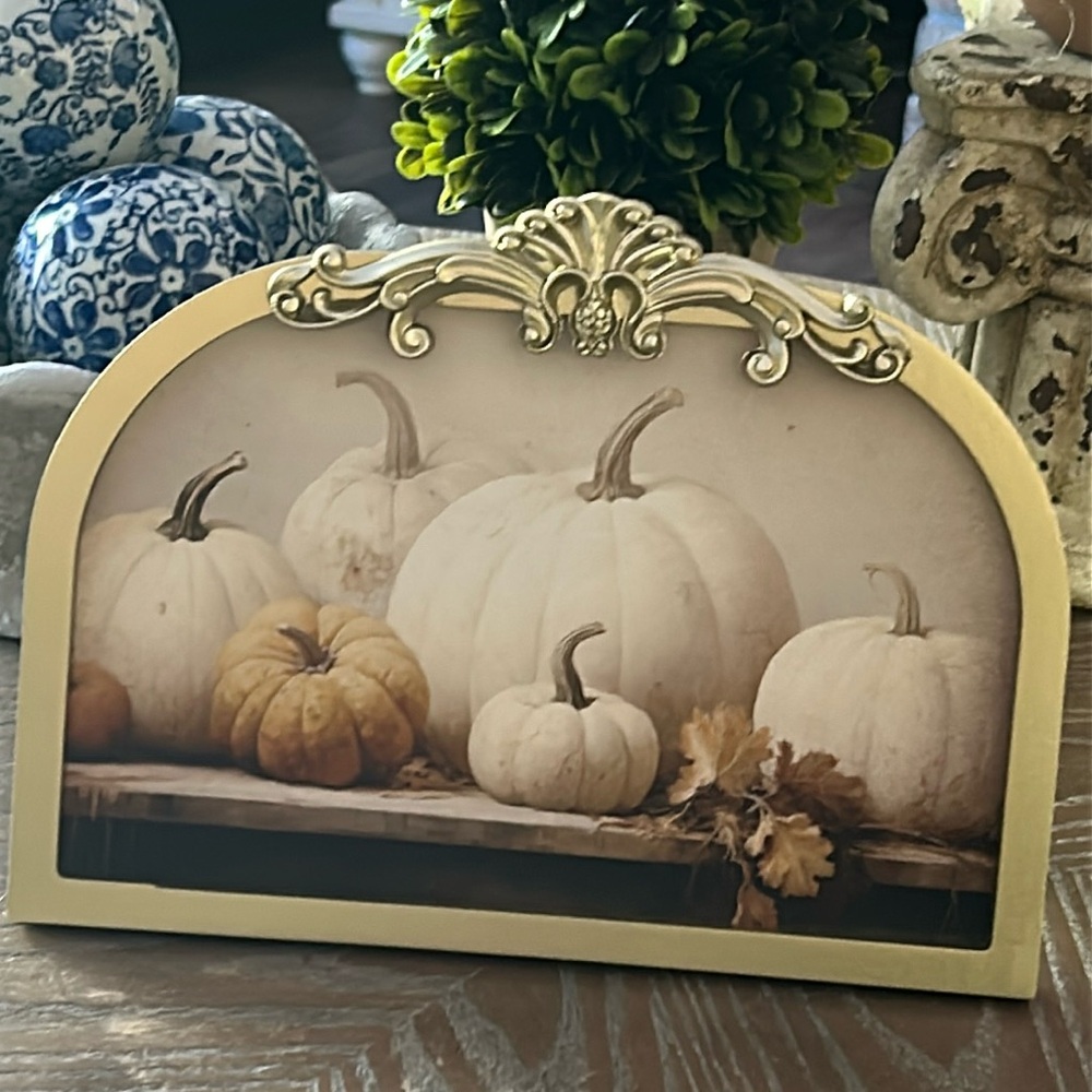 NEW! Vintage Inspired Fall Shabby Chic Ornate Gold Framed Fall Harvest Pumpkin - Picture 6 of 6
